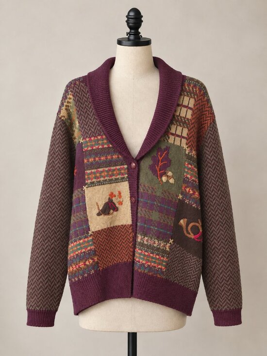 Susan Bristol Sweaters - Vintage 90s Susan Bristol Wool Cardigan Sweater M Fall Equestrian Patchwork